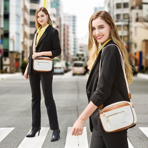 Crossbody Purse for Women Small Crossbody Bags Trendy Vegan Leather with Adjustable Shoulder Straps Gift for Mother Wife Mom - color: Beige With Brown Minimalism