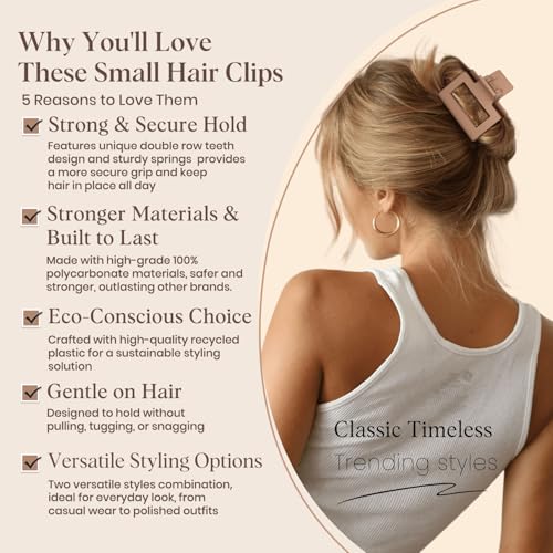 8 Pcs Medium Hair Clips for Women Girls - 2 Styles Rectangle and Double Row Teeth Small Claw Clips for Thin Fine Thick Hair, Matte Non-slip Strong Hold Jaw Clips Hair Accessories, Neutral - color: Neutral
