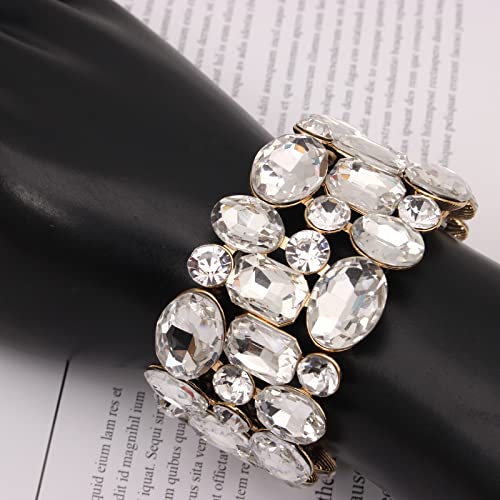 Women’s Wedding Bridal Crystal Leaf Flower Stretch Bangle Elastic Wide Bracelet Jewelry for Brides Bridesmaid - color: White-Gold Plated