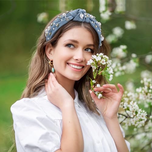 WantGor Pearl Knotted Headband, Women Rhinestone Embellished Hairband Elegant Wide Top Knot Bride Headbands Headpieces Party Fashion Elegant Ladies Hair Band Hair Hoop Accessories (Denim blue) - color: Denim blue