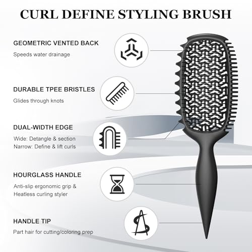 Curl Defining Brush for Thick Coily Hair, Firm-Bristle TPEE Detangling Brush for Coarse 4A–4C Curls, Dual-Sided Wide & Narrow Tooth Brush for Wet & Dry Curl Shaping– Women & Men (2054-Matte Black) - color: 2054-Matte Black
