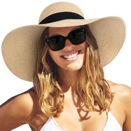 FURTALK Womens Sun Straw Hat Wide Brim UPF 80 Summer Hat Foldable Packable Floppy Beach Hats for Women - color: Mix Beige, size: Large-X-Large