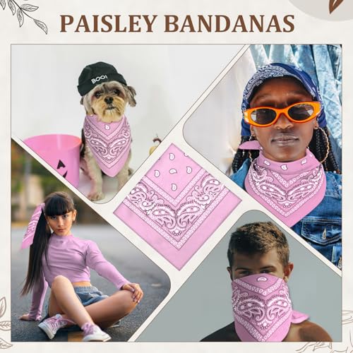 12 Pack Bandanas Unisex Paisley Cowboy Bandanas Bulk Multi Purpose Headband Scarf for Men Women Costume - color: Pink, style: Classic