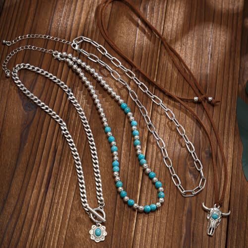 GIGB PBDK Boho Western Necklaces for Women,Turquoise Beaded Layered Necklaces Vintage Cow Cactus Pendant Choker Necklace Set,Cowgirl Jewelry Accessories Gifts - style: A2