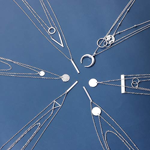 6 Pieces Layered Necklaces For Women Long Necklaces Gold Choker Necklaces Map Coin Bar Crescent Moon Necklace Layered Y Pendant Necklace Multilayer - color: sliver