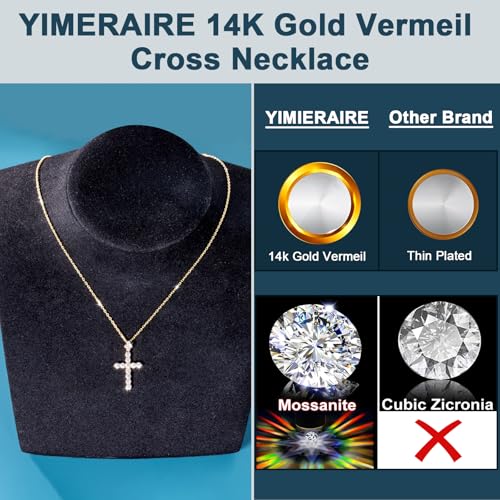 YIMERAIRE Upgraded Moissanite Crown Cross Necklace 14K Gold Vermeil 1.1 Carats Dainty Iced Out Easter Basket Stuffer Cross Jewelry S925 Sterling Silver Simple Gold Christian Faith Moissanite Cross Pendant Necklace For Women - color: 14k Gold Vermeil Slim