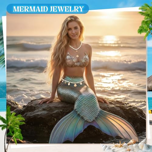 Tondiamo 7pcs Beach Jewelry Set for Women, Gold Starfish Seashell Waist Body Chain, Hair Clips, Seashell Starfish Necklaces Stackable, Gold Pearl Arm Cuff Bracelet Beach Vacation Mermaid Accessories