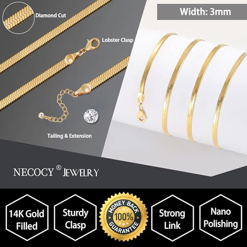 NECOCY 14K Gold Plated Necklaces for Women, Dainty Gold Herringbone Choker Necklace Thin Layered Snake Chain Jewelry for Gifts - color: 3MM 16"-GD Herringbone Necklace