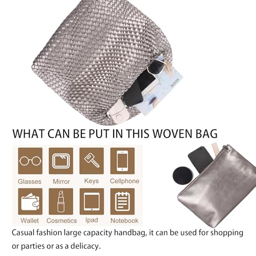 Woven Tote Bag For Women, Large Vegan Leather Travel Handbag, Casual Work Shoulder Bag, Underarm Commuter Hobo Bag With Purse - color: Silver