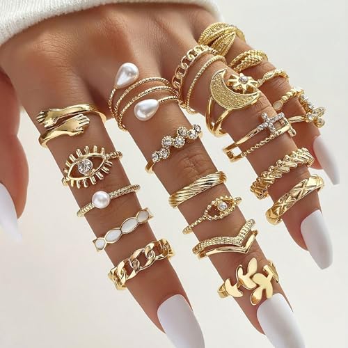 YEEZII 25 Pcs Gold Knuckle Rings Set for Women, Cute Stackable Finger Midi Rings, Dainty Gold Chunky Stacking Statement Womens ring pack - color: Gold-22 Pcs