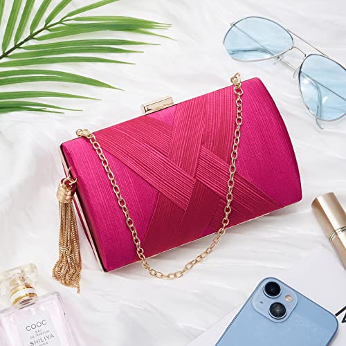 Women Clutch Bag Evening bag Fringed Evening Handbag,Lady Party Wedding Clutch Purse Chain Shoulder Cross Body Bag - color: Rose Red