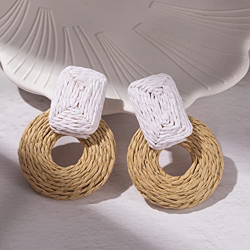 Statement Raffia Earrings Cute Boho Earrings Rattan Dangle Earrings Handmade Straw Wrap Earrings Summer Drop Dangling Earrings for Women Teen Girls - color: White/Nature