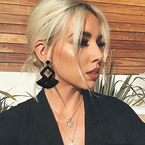 Long Tassel Earrings Statement Bohemian Pom Ball Handmade Drop Dangle Earrings for Women - style: S-Black