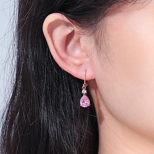 CiNily Teardrop Leverback Dangle Earrings for Women Hypoallergenic 14K Gold Plated Cubic Zircon Drop Earrings Fashion Crystal Earrings for Girls Jewelry Christmas Gifts - color: Pink CZ-Rose Gold Plated