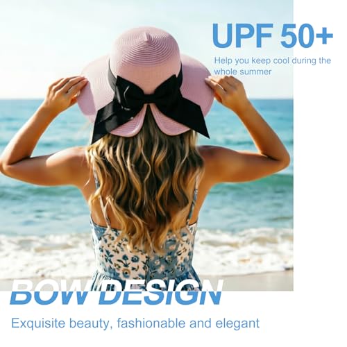 DRESHOW Sun Hats for Women Travel Fedora Foldable Beach Sun Hat Summer Wide Brim Straw Bucket Hat with Bowknot UPF 50+ - color: 1 Pack With Bowknot: Pale Pink With Black Band