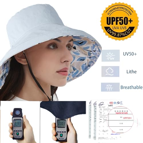 vidsel Womens Sun Hats Wide Brim Reversible Bucket Cotton Hat Packable Summer Travel Cap with Hat Clip,UV Protection - color: Blue, size: Medium