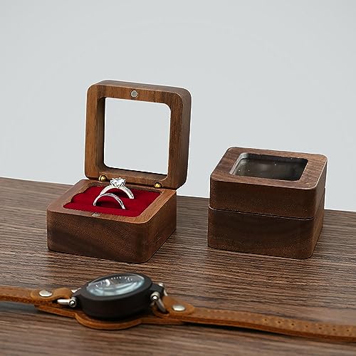 Wooden Ring box，Clear Skylight Ring Case,Solid Wood Square Jewelry Storage Box-ring bearer pillow for Wedding Ceremony, Engagement(red velvet) - color: Transparent skylight - 1 slot - Red velvet