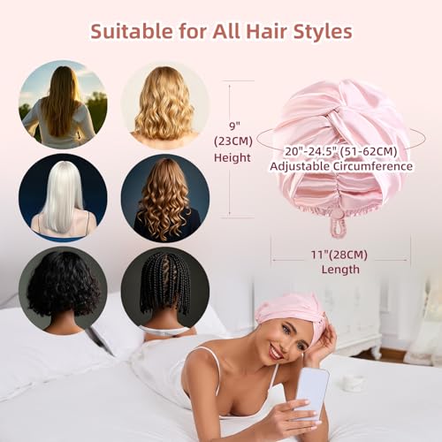 Adjustable Silk Satin Hair Bonnet for Sleeping Women, Double Layer, Silk Hair Wrap for Sleeping Women Men, Curly Natural Braid Straight Unisex - Pink - color: Pink