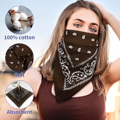 6 Pack Pure Cotton Bandana, Multi-Purpose Square Handkerchief, Face Mask headband for Men and Women - color: Brown