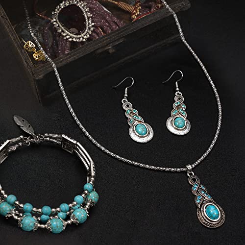 Yowivon Western Jewelry for Women Bohemian Turquoise Jewelry Set Vintage Leather Navajo Pearl Necklace Layer Necklaces Earrings Bracelets Boho Knuckle Rings - style: Elegant Style