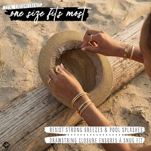 Funky Junque Straw Fedora Hats for Women - UPF 50+ Sun Hat, Short Brim Packable Beach Hat with Woven Pattern - color: Brown/Natural Mix W/ Black Band