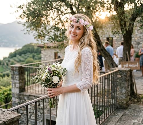 Vivivalue Women Flower Crown Rose Floral Headband Hair Wreath Floral Headpiece Halo Boho with Ribbon Wedding Party Pink - color: 71
