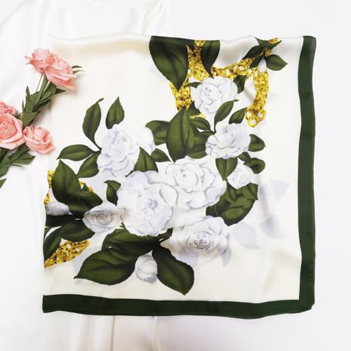 Julunar Silk Like Head Scarf for Women - Satin Large Hair Scarves - 35" Square Silk Hair Wrap for Sleeping with Gift Packed - color: A013-1 Flower White