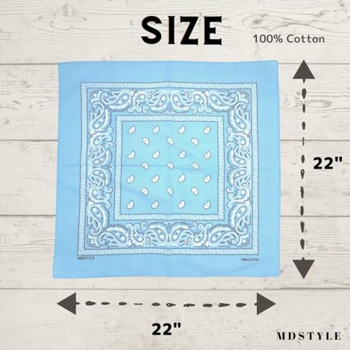 MDSTYLE 6 Pack 100% Cotton Bandanas 22” x 22" for Men & Women Paisley Handkerchief Headband Scarf Bandana - color: Light Blue
