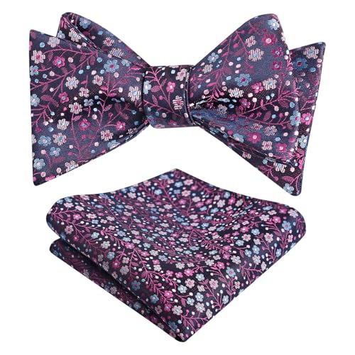 Alizeal Mens 2pcs Classic Floral Pattern Self-tied Bow Tie and Handkerchief Set - color: 045-magenta+blue