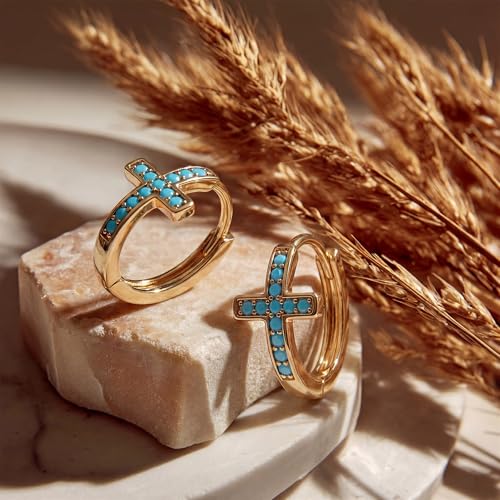 MEVECCO Cross Hoop Earrings 14K Gold Plated Dainty Minimalist Simple Small Faith Cross Huggie Earrings For Women Symbol of Protection Faith Jewelry Gift - style: Tur-Cross