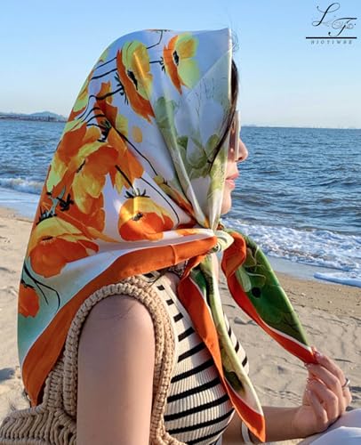 Hioyiwse Head Scarf For Women Hair Bandana 35" Large Square Satin Wrap Sleeping Neck Silk Satin Hair Scarves Lightweight - color: F18-tetrachromic Flower(35*35inch）