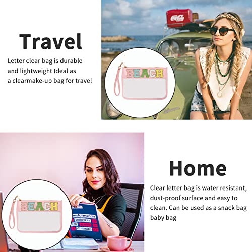 Iqimott Chenille Letter Clear Bag Beach Pouch, Monogram PVC & PU Makeup Cosmetic Bag Zipper Toiletry Pouch, Waterproof Portable Travel Snack Wristlet Bags for Women Girls(Beach, Pink) - color: Beach-Pink