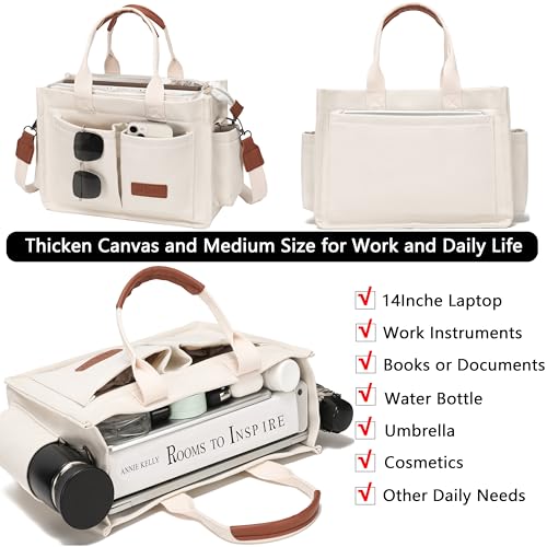 ZHMO Canvas Tote Bag for Women,Women's Bags Crossbody Bags Work Laptop Tote Bag Large Handbags Purse for Travel Nurse Teacher - color: New Upgrade White With Compartments and Side Cup Holders