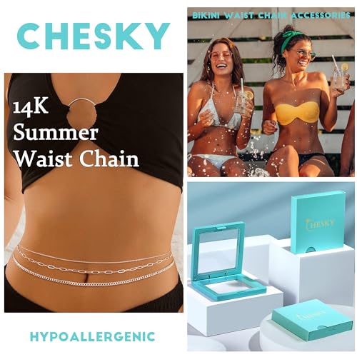 CHESKY 14K Gold Plated Silver Plated Waist Chain for Women, Layered Belly Belt Chains Beach Waist Beads Chain Waterproof Snake Cuban Body Chain Summer Jewelry Accessories for Women - style: 3layer-sl