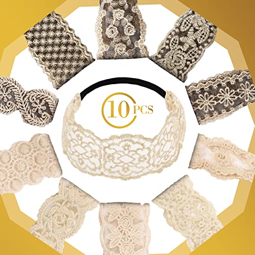 Dilunave 10 PCS Lace Headbands for Women Elastic Dressy Women Headbands Cute Lace Stretch Cloth Elegant Hair Accessories for Wedding Hairbands Wide Headwrap for Girls