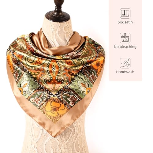 35 x 35 Women's Fashion Pattern Large Square Silk Like Hair Scarf Head Sleeping Wrap Satin Neck Bandana for Gift… - color: Big Cashew Camel