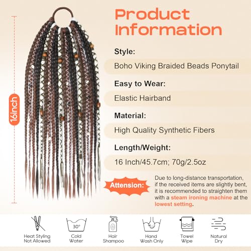 SEIKEA Boho Braided Ponytail Extension on Hair Tie, 16" Full Volume Lightweight Viking Dreadlock Ponytail Braid in Dreadlock Extensions with Beads and Shells, Festival Hair Accessories for Women Girls - color: Dark Brown and Olive Green Mix