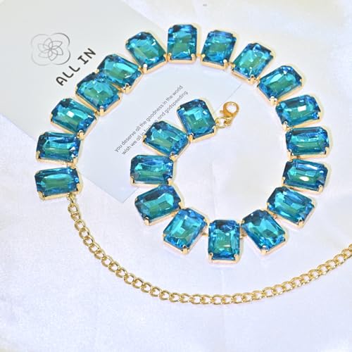 Fashionable Chunky Plated Tennis Rhinestone Statement Necklace Jewelry Set for Women Multicolor gem necklace with Great Sparkle and Shine Design for Women to Easy Match - color: lake blue square rhinestone