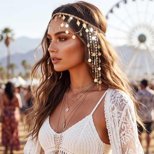 CAKURE Boho Sequin Head Chain Gold Headpiece Chain Forehead Chain Jewelry Festival Halloween Hair Accessories for Women