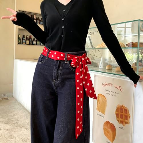 Long Thin Skinny Scarf Satin Neckerchief Ribbon Tie Waist Belt for Women - color: Dot Bright Red