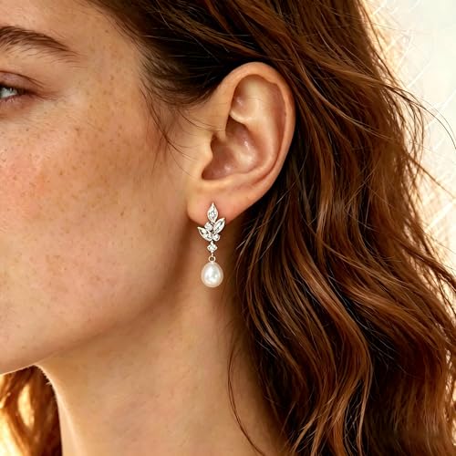 Pearl Earrings for Women, 14k Gold Plated Trendy Diamond Pearl Drop Earrings Hypoallergenic Dainty Bridal Gifts Wedding jewelry for Women - color: B—Silver