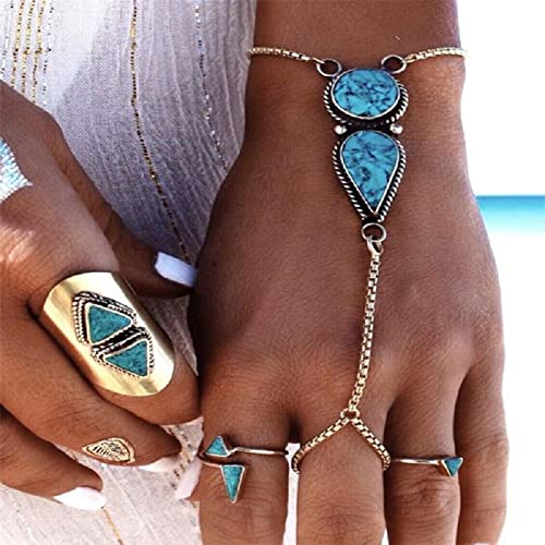 Boho Hand Chain Turquoise Finger Ring Ethnic Ring Vintage Turquoise Hand Harness Slave Bracelet Jewelry for Women