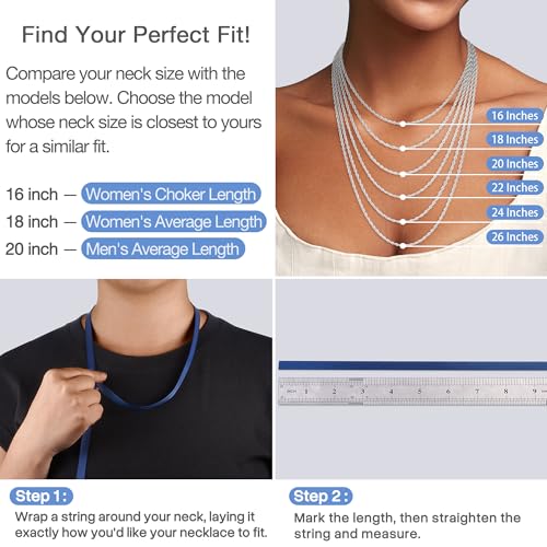 1.5mm 2mm Rope Chain 925 Sterling Silver Chain Necklace for Women, Durable Sturdy Women's Chains Necklace, 16 18 20 22 24 26 Inch