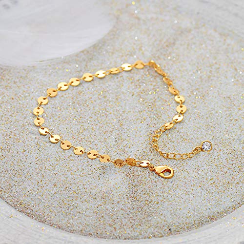 Dremmy Studios Gold Bracelet for Women 18K Gold Plated Dainty Paperclip Cubic Zirconia Disc Coin Star Cable Satellite Bead Pearl Simple Boho Minimalist Stacking Layered Link Jewelry Gift - color: Coin A