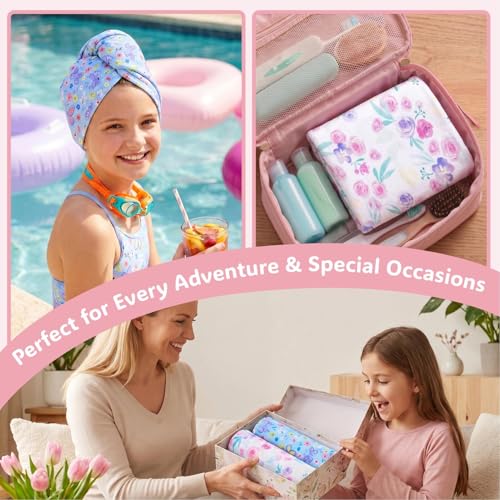 Basumee Microfiber Hair Towel Wrap for Kids 2 Pack Rapid Drying Hair Towel with Button Hair Turbans for Wet Hair Wraps Head Towel Wrap for Women and Girls, Flower - color: Flower and Butterfly