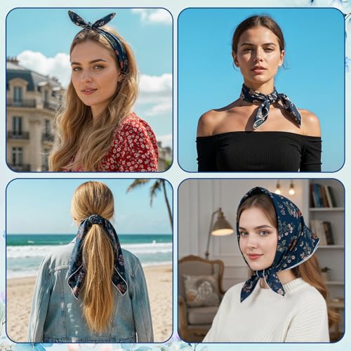 Navy Blue Floral Bandana, 21.7" Square Cotton Bandana Headscarf Hair Handkerchief, Women Bandanas Headbands for Beach Camping Running