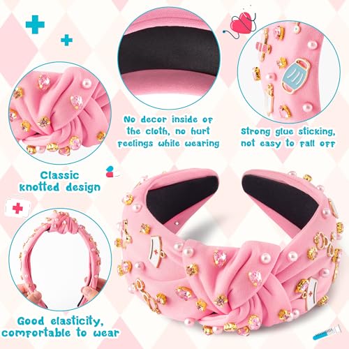 PANTIDE Nurse Jeweled Knotted Headband - Christmas Nurse Day Gift Medical Mask Rhinestone Crystal Pearl Embellished Headband Wide Top Knot Hair Accessories for Doctor Nursing Student Women Girl (Pink) - color: Pink Nurse