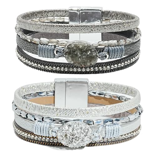 2Pcs Boho Bracelets Woven Leather Multi-Layer Wrap Crystal Bead Bracelet Inlaid Rhinestone Stackable Fashion Women Bracelet Jewelry (Gray + Silver)