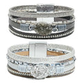 2Pcs Boho Bracelets Woven Leather Multi-Layer Wrap Crystal Bead Bracelet Inlaid Rhinestone Stackable Fashion Women Bracelet Jewelry (Gray + Silver)