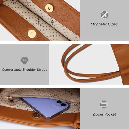 KKXIU Tote Bag for Women Vegan Leather Shoulder Purse Large Capacity Travel Bag - color: Orange Brown